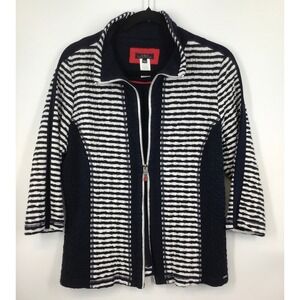 Vex Black White Striped Textured Zip Jacket 3/4 Sleeve Nautical‎ Chic Size 42